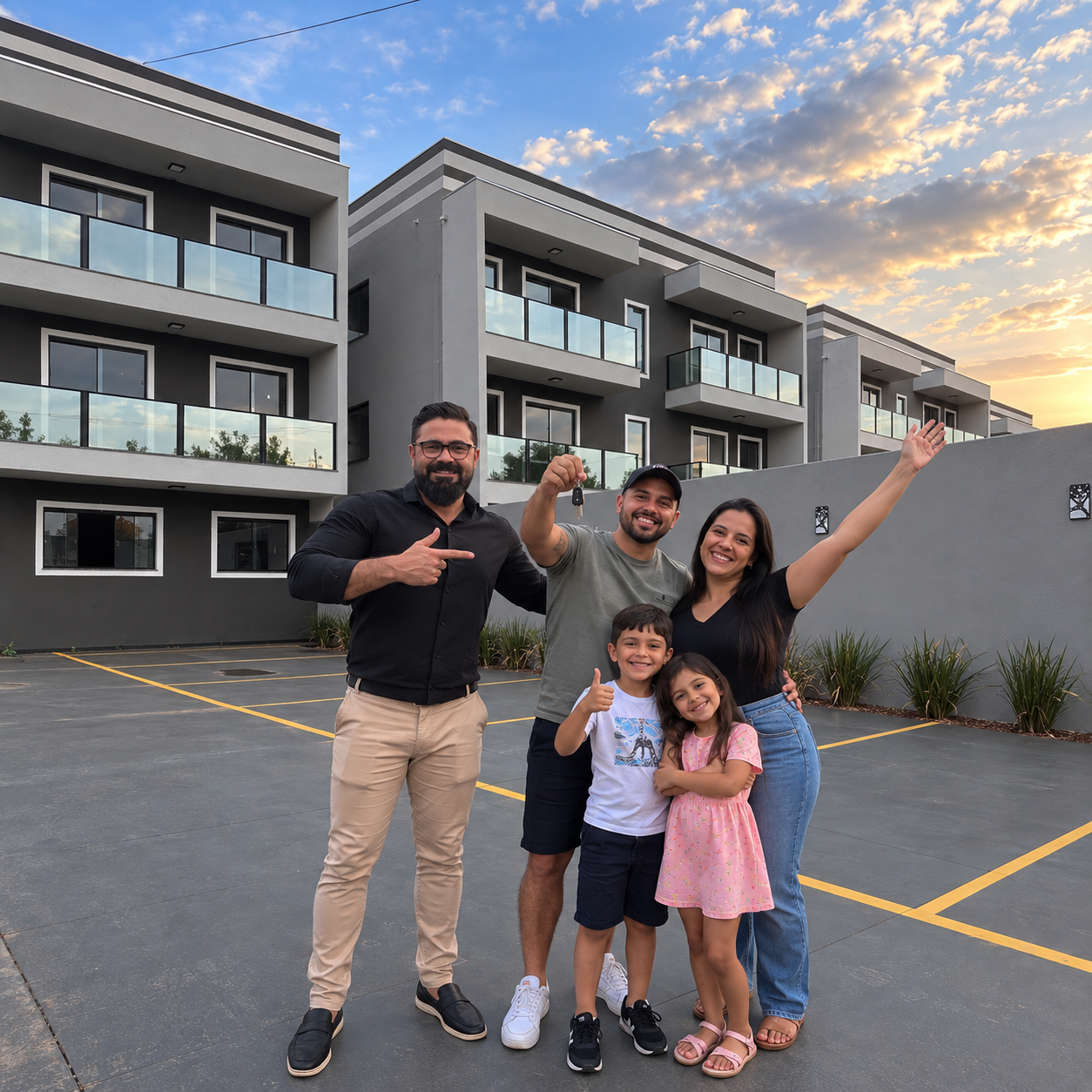 Corretor celebrando com uma família a conquista do novo imóvel